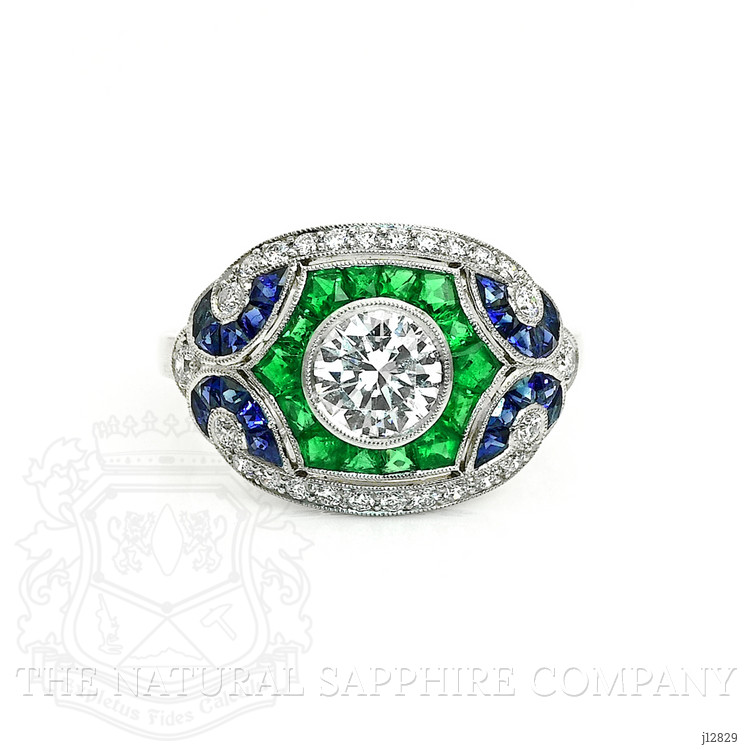 1.80 Ct.Tw. Natural Diamond, Blue Sapphire and Emerald Pave Ring, Platinum 950