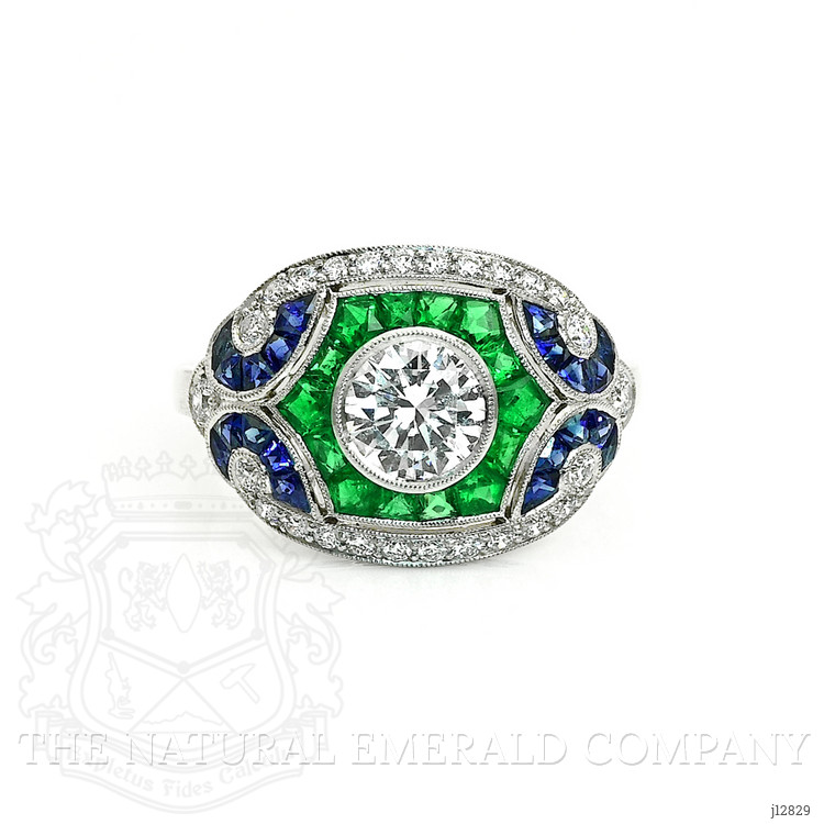 1.80 Ct.Tw. Natural Diamond, Blue Sapphire and Emerald Pave Ring, Platinum 950