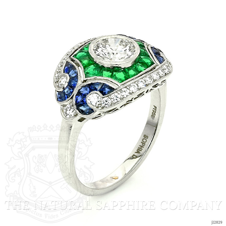 1.80 Ct.Tw. Natural Diamond, Blue Sapphire and Emerald Pave Ring, Platinum 950