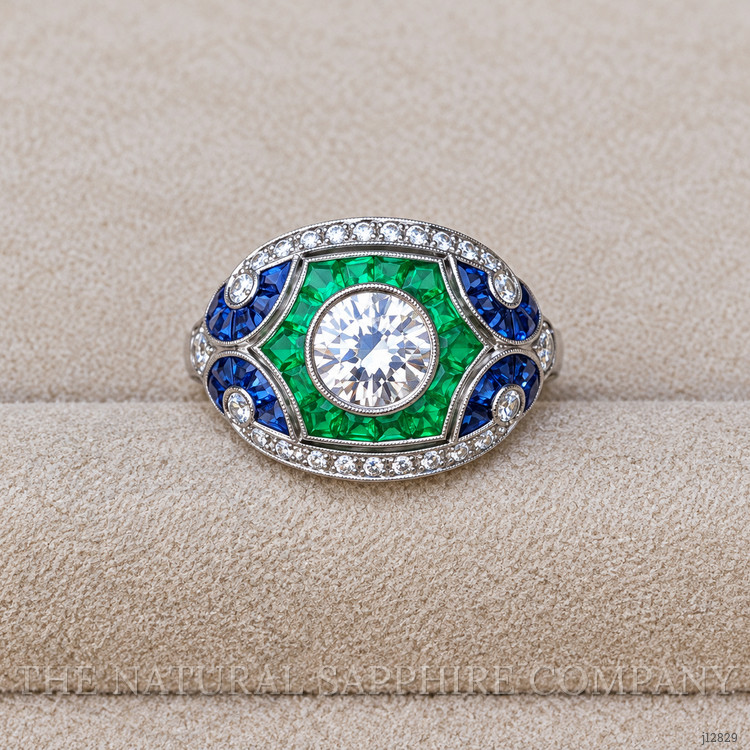 1.80 Ct.Tw. Natural Diamond, Blue Sapphire and Emerald Pave Ring, Platinum 950