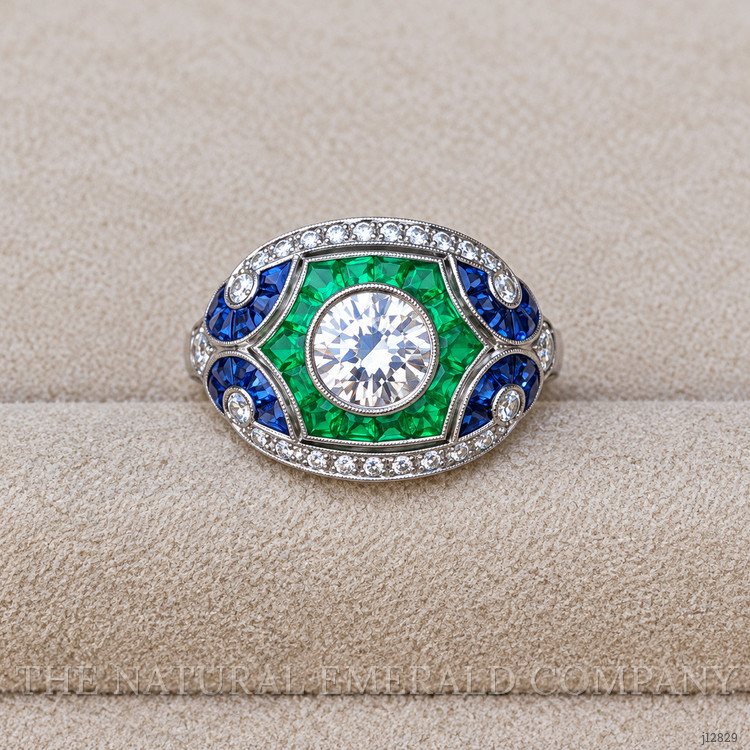 1.80 Ct.Tw. Natural Diamond, Blue Sapphire and Emerald Pave Ring, Platinum 950