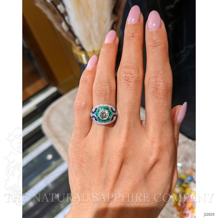 1.80 Ct.Tw. Natural Diamond, Blue Sapphire and Emerald Pave Ring, Platinum 950