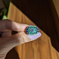 1.80 Ct.Tw.Total Carat Weight Natural Diamond, Blue Sapphire and Emerald Pave Ring, Platinum 950 Life Style