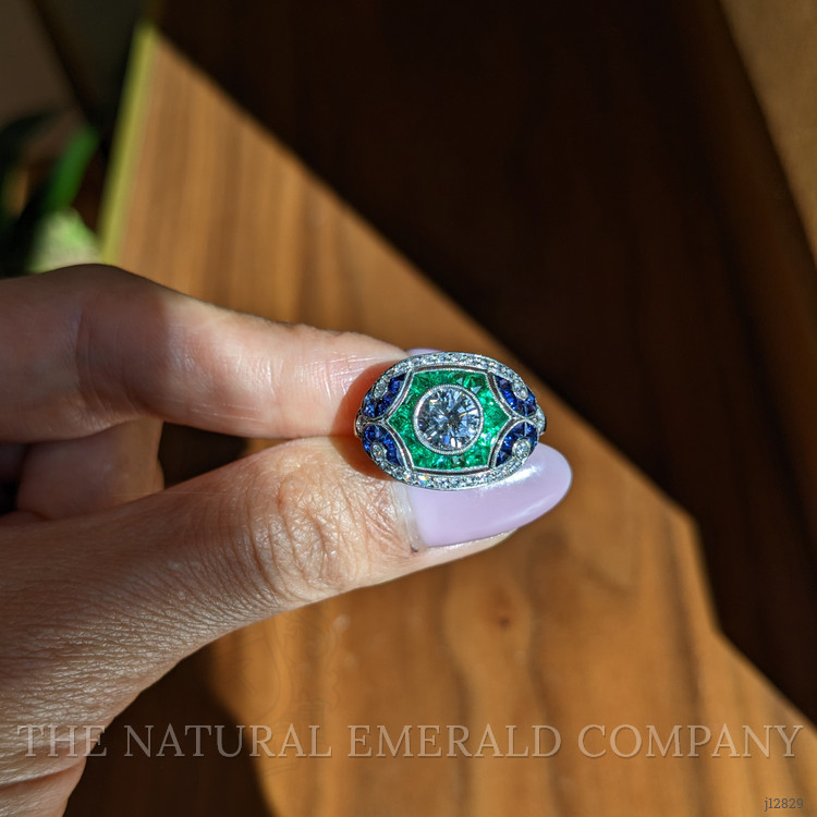 1.80 Ct.Tw. Natural Diamond, Blue Sapphire and Emerald Pave Ring, Platinum 950