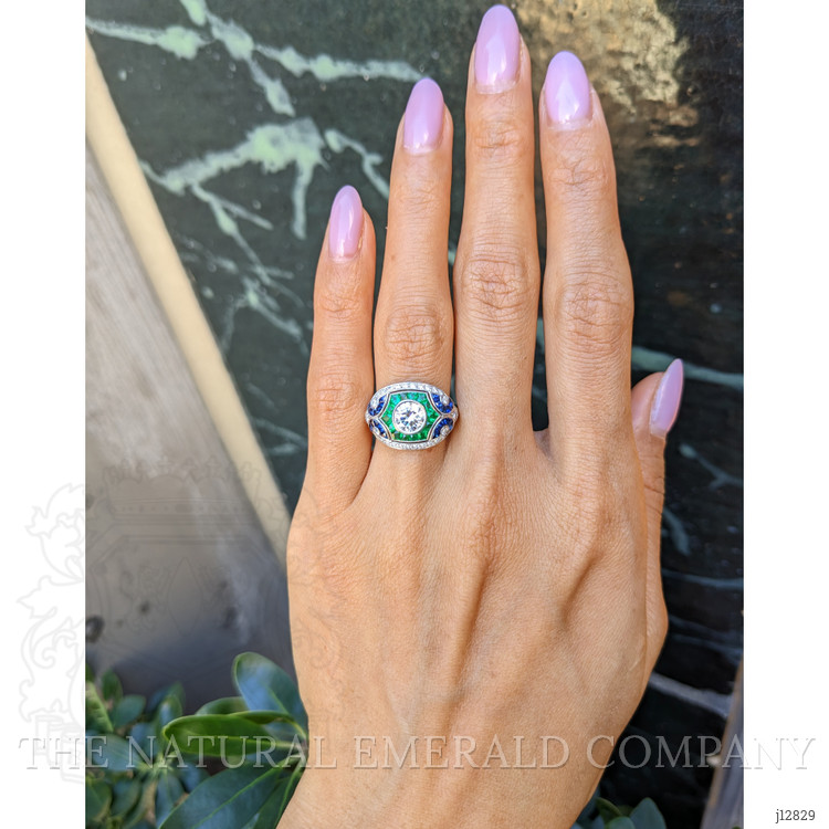 1.80 Ct.Tw. Natural Diamond, Blue Sapphire and Emerald Pave Ring, Platinum 950