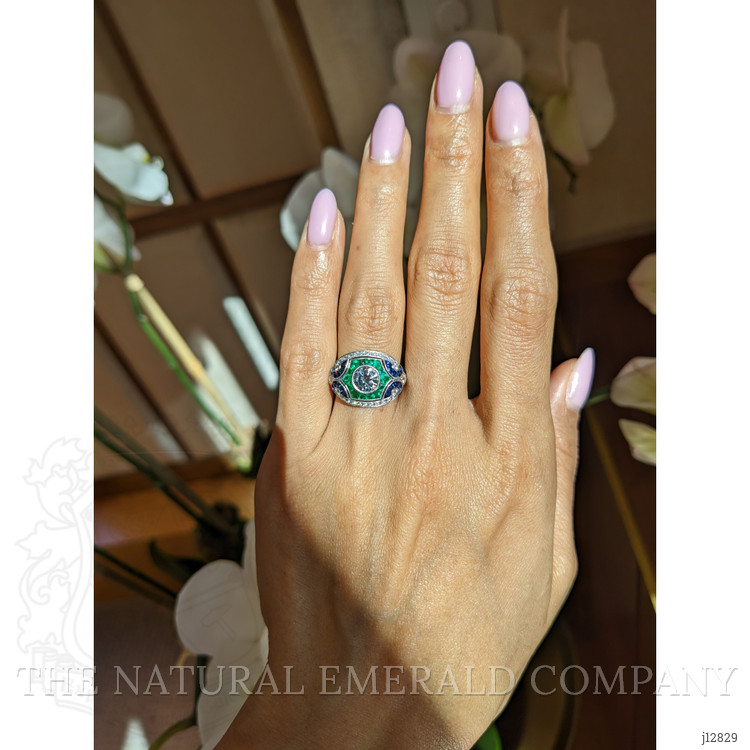 1.80 Ct.Tw. Natural Diamond, Blue Sapphire and Emerald Pave Ring, Platinum 950