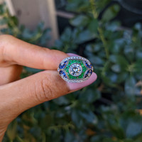1.80 Ct.Tw.Total Carat Weight Natural Diamond, Blue Sapphire and Emerald Pave Ring, Platinum 950 Life Style
