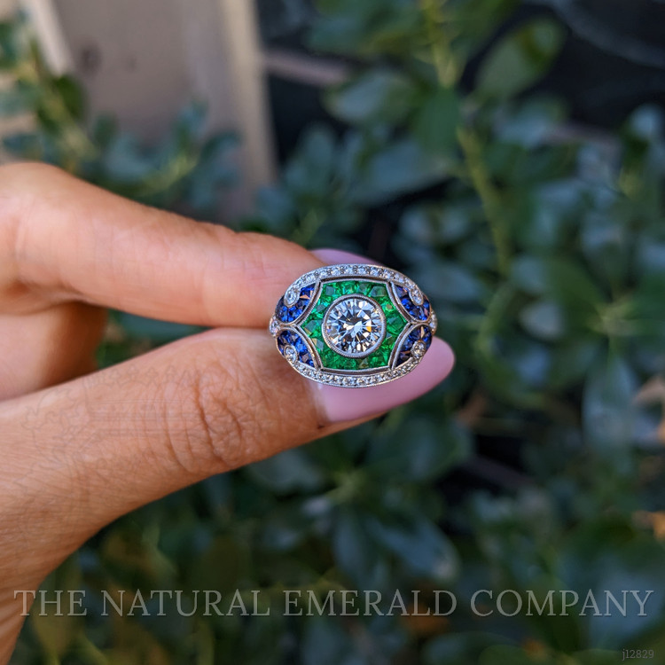 1.80 Ct.Tw. Natural Diamond, Blue Sapphire and Emerald Pave Ring, Platinum 950