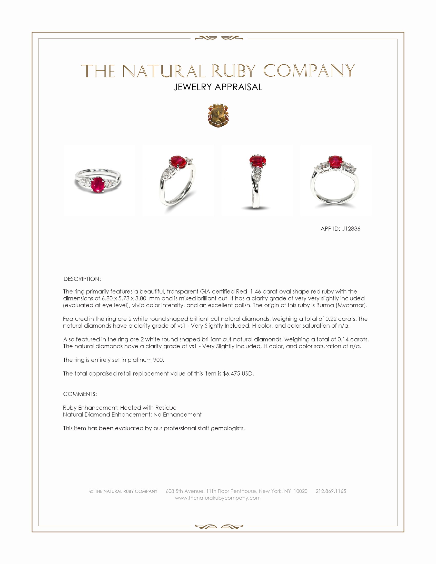 1.46 Ct. Ruby and Natural Diamond Accent Stones Ring, Platinum 900