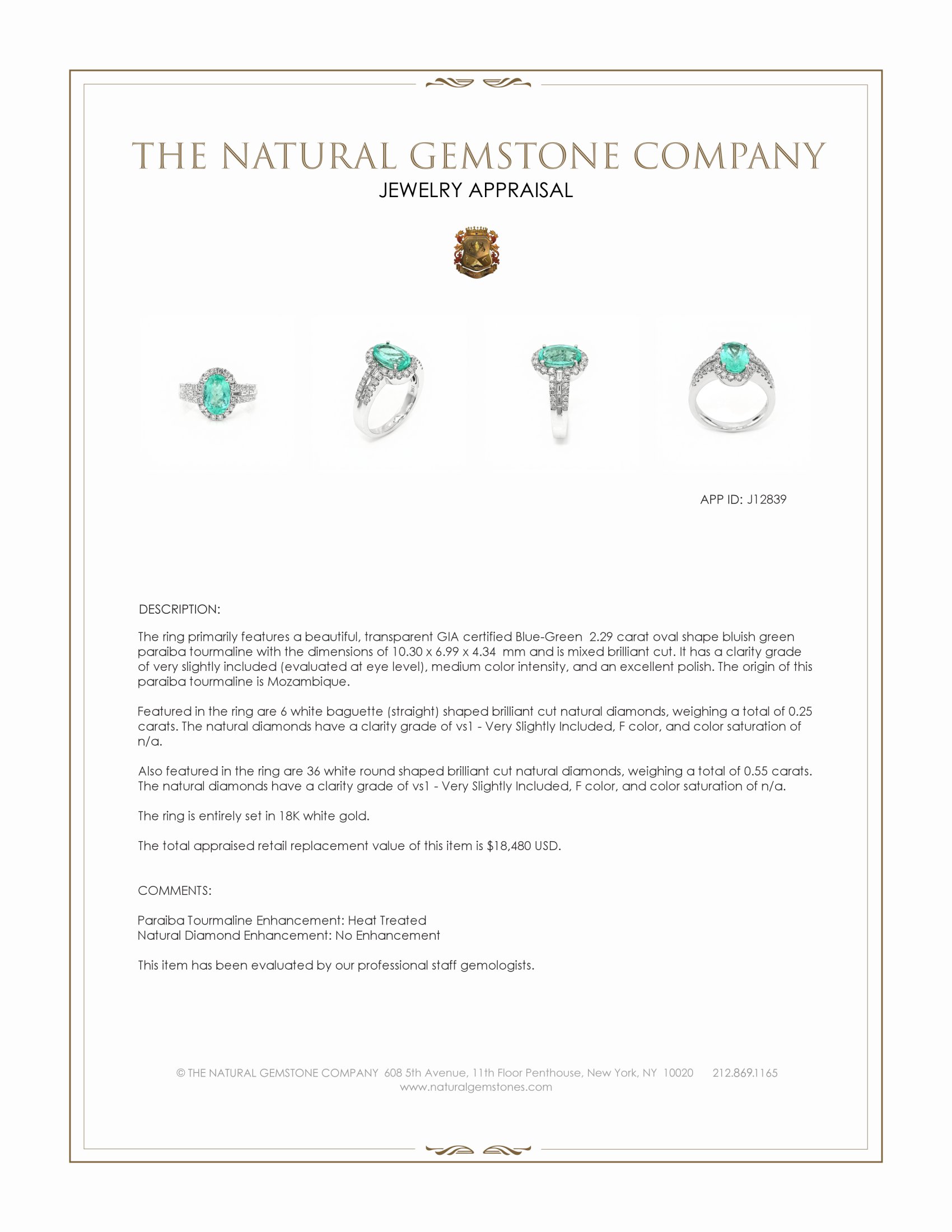 2.29 Ct. Bluish Green Paraiba Tourmaline and Natural Diamond Pave Ring, 18K White Gold