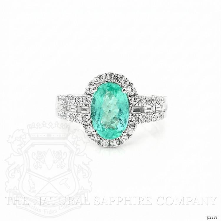 2.29 Ct. Bluish Green Paraiba Tourmaline and Natural Diamond Pave Ring, 18K White Gold