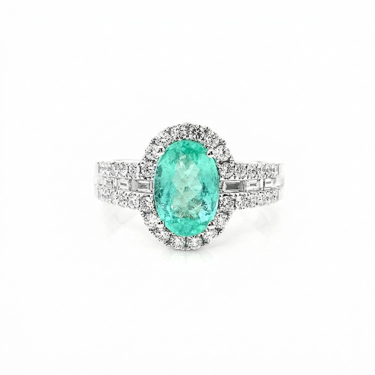 2.29 Ct. Bluish Green Paraiba Tourmaline and Natural Diamond Pave Ring, 18K White Gold