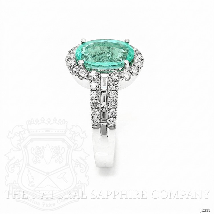 2.29 Ct. Bluish Green Paraiba Tourmaline and Natural Diamond Pave Ring, 18K White Gold