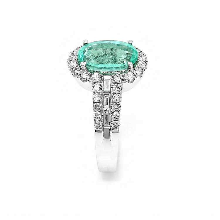 2.29 Ct. Bluish Green Paraiba Tourmaline and Natural Diamond Pave Ring, 18K White Gold