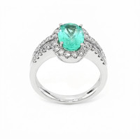 2.29 Ct. Bluish Green Paraiba Tourmaline and Natural Diamond Pave Ring, 18K White Gold Image