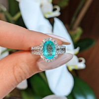2.29 Ct. Bluish Green Paraiba Tourmaline and Natural Diamond Pave Ring, 18K White Gold Life Style