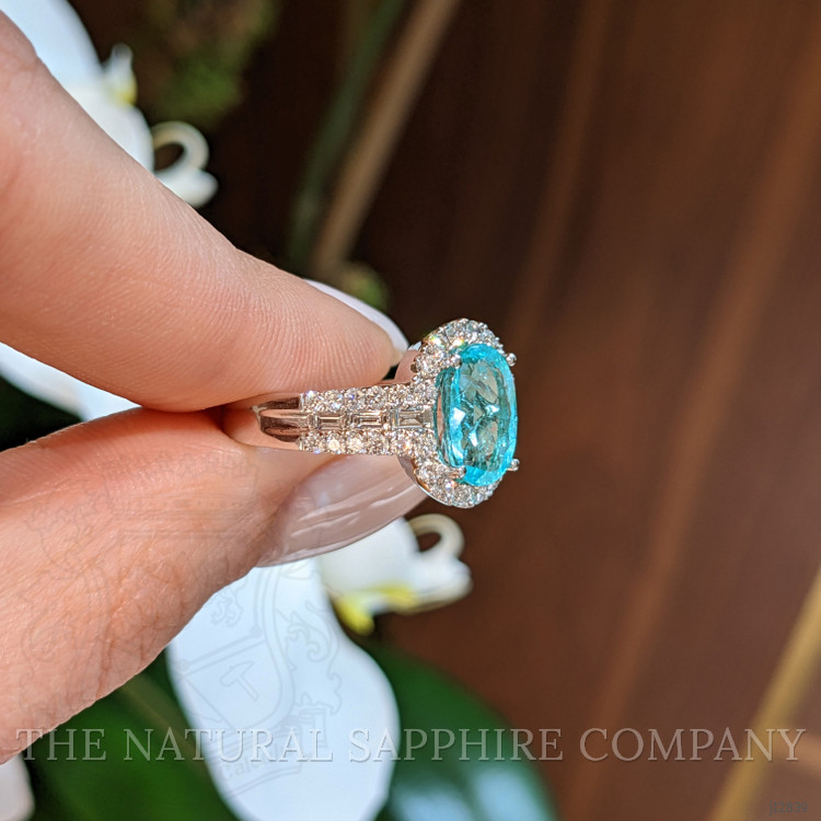 2.29 Ct. Bluish Green Paraiba Tourmaline and Natural Diamond Pave Ring, 18K White Gold