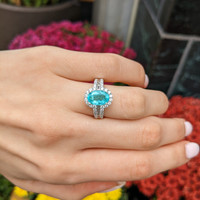 2.29 Ct. Bluish Green Paraiba Tourmaline and Natural Diamond Pave Ring, 18K White Gold Life Style