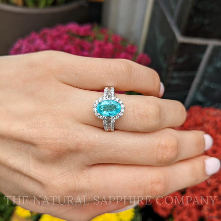 2.29 Ct. Bluish Green Paraiba Tourmaline and Natural Diamond Pave Ring, 18K White Gold