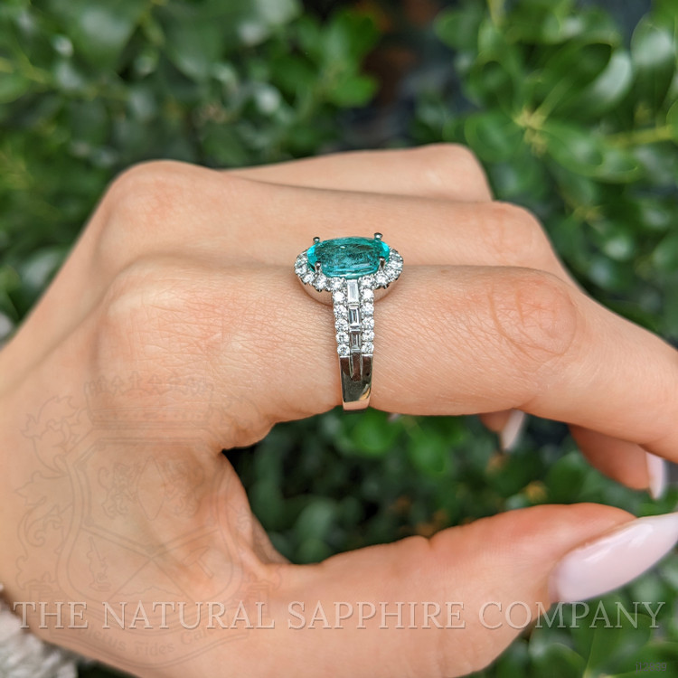 2.29 Ct. Bluish Green Paraiba Tourmaline and Natural Diamond Pave Ring, 18K White Gold