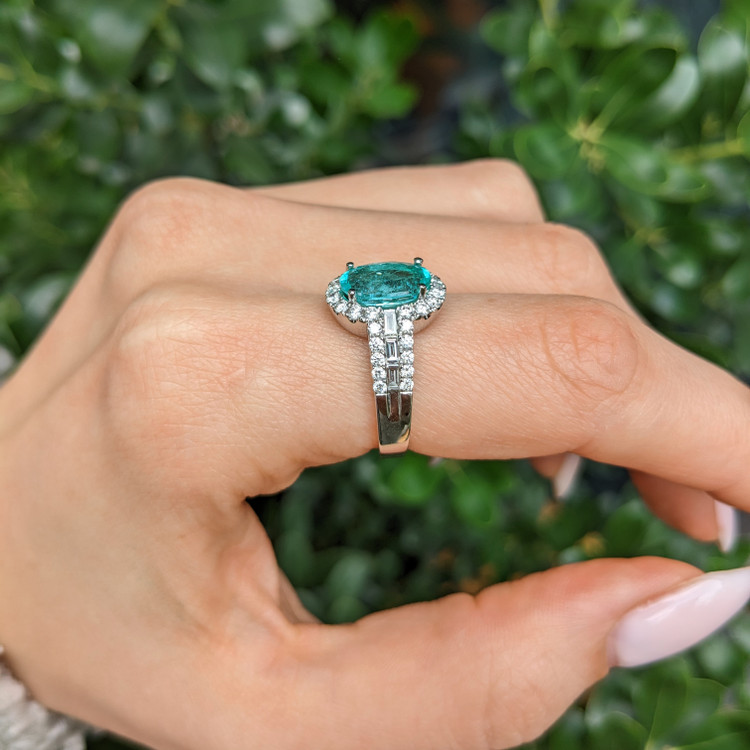 2.29 Ct. Bluish Green Paraiba Tourmaline and Natural Diamond Pave Ring, 18K White Gold