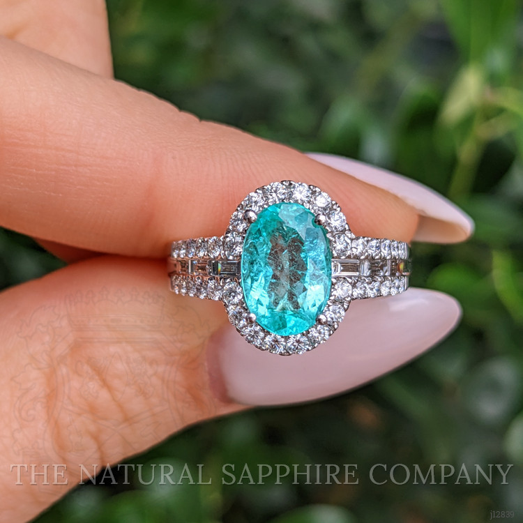 2.29 Ct. Bluish Green Paraiba Tourmaline and Natural Diamond Pave Ring, 18K White Gold