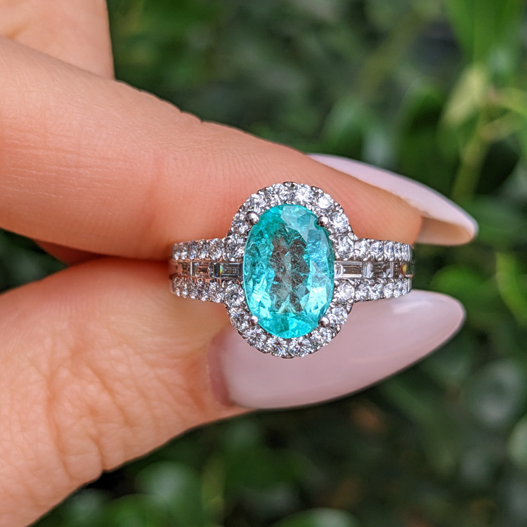 2.29 Ct. Bluish Green Paraiba Tourmaline and Natural Diamond Pave Ring, 18K White Gold