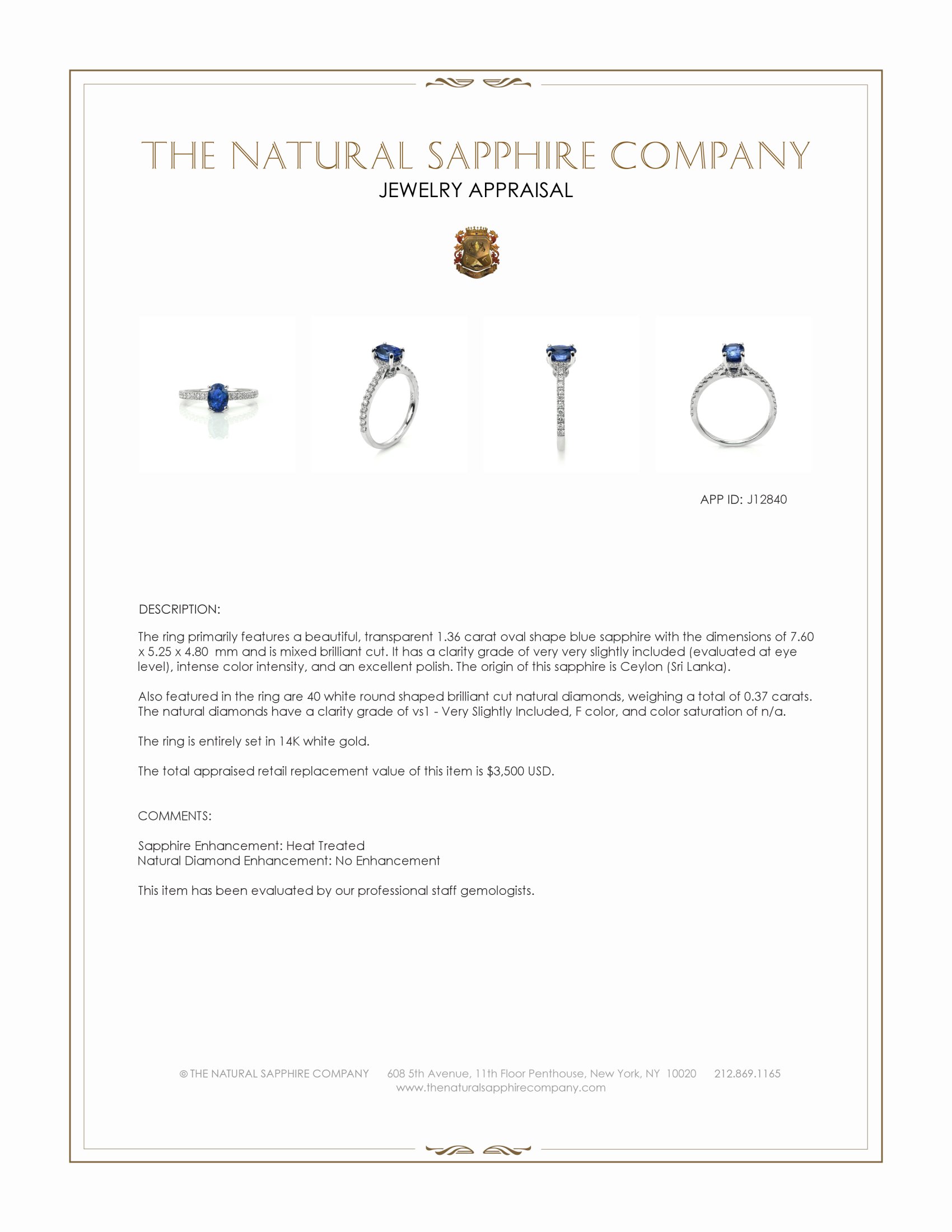 1.36 Ct. Blue Sapphire and Natural Diamond Pave Ring, 14K White Gold