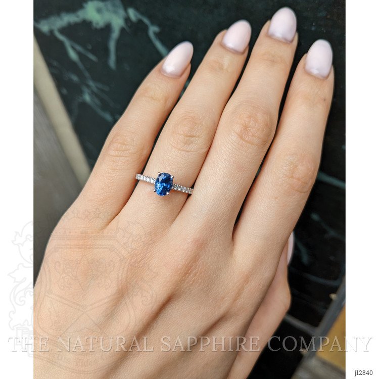 1.36 Ct. Blue Sapphire and Natural Diamond Pave Ring, 14K White Gold