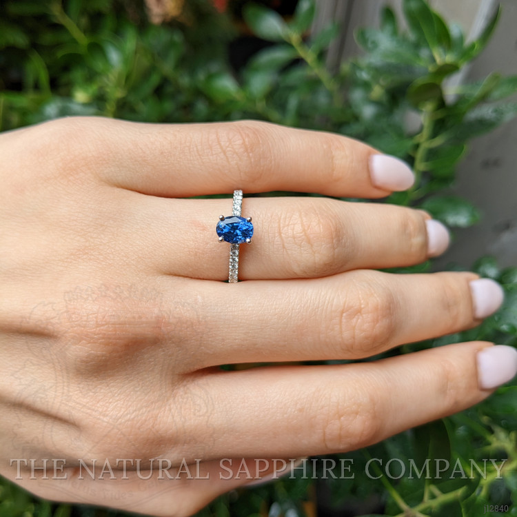 1.36 Ct. Blue Sapphire and Natural Diamond Pave Ring, 14K White Gold