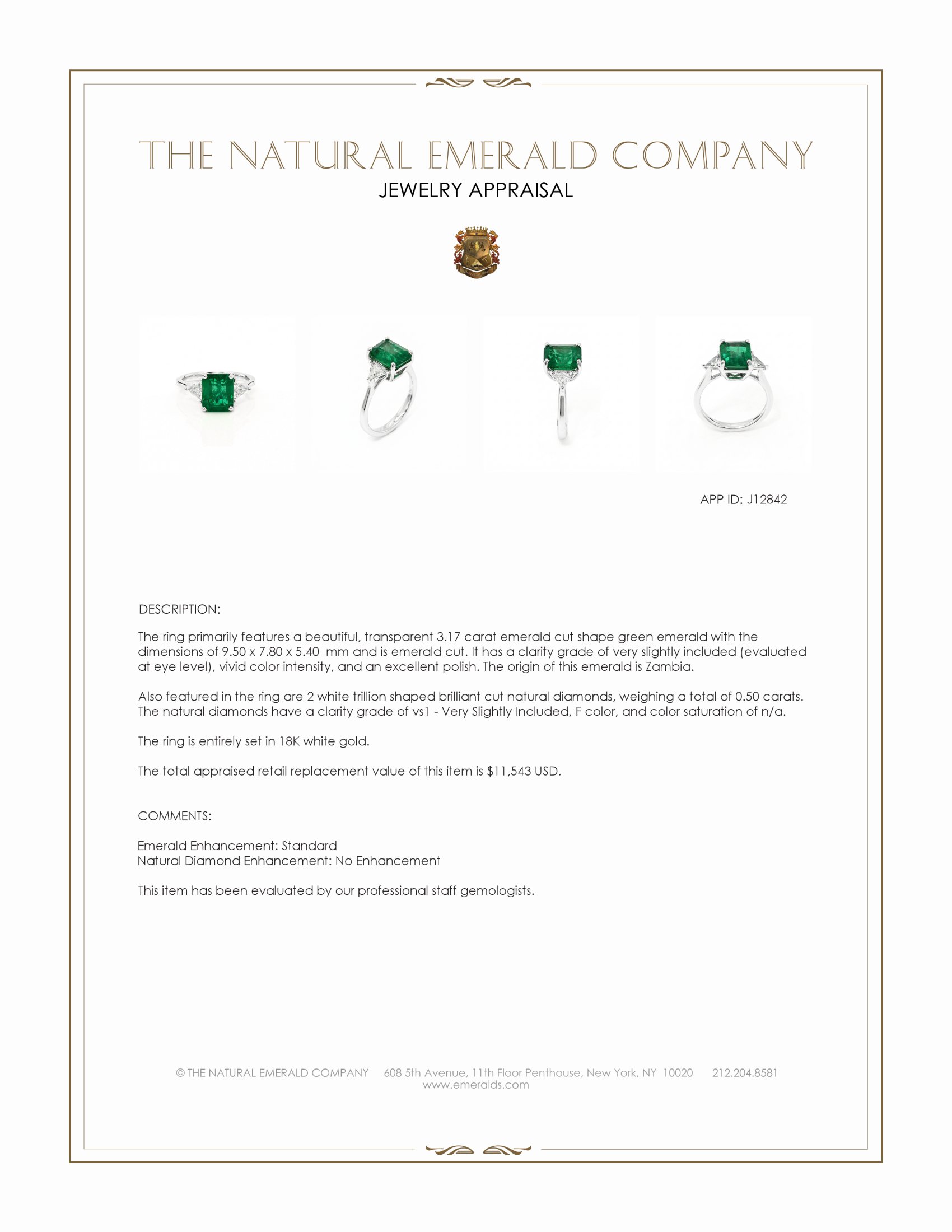 3.17 Ct. Emerald and Natural Diamond Three Stone Ring, 18K White Gold