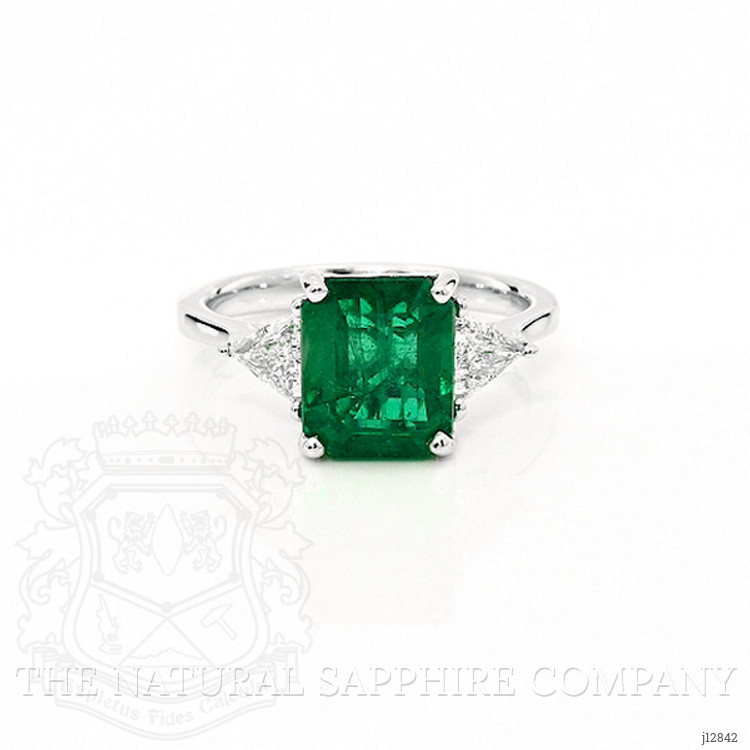 3.17 Ct. Emerald and Natural Diamond Three Stone Ring, 18K White Gold
