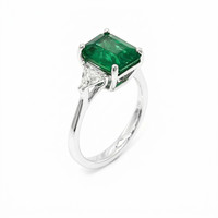 3.17 Ct. Emerald and Natural Diamond Three Stone Ring, 18K White Gold Image
