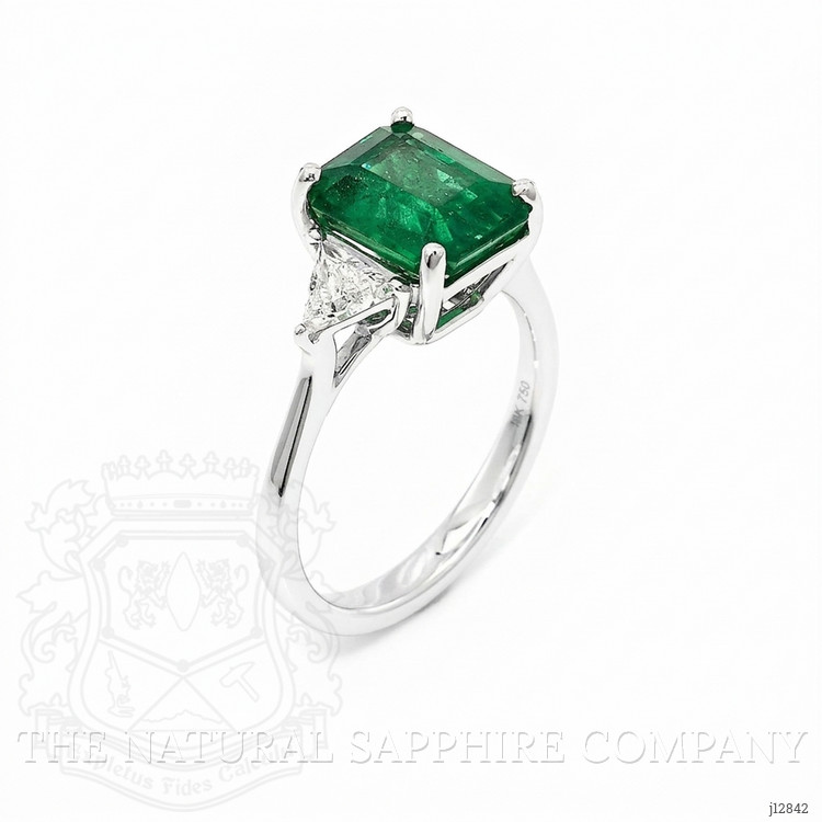 3.17 Ct. Emerald and Natural Diamond Three Stone Ring, 18K White Gold