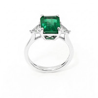 3.17 Ct. Emerald and Natural Diamond Three Stone Ring, 18K White Gold Image