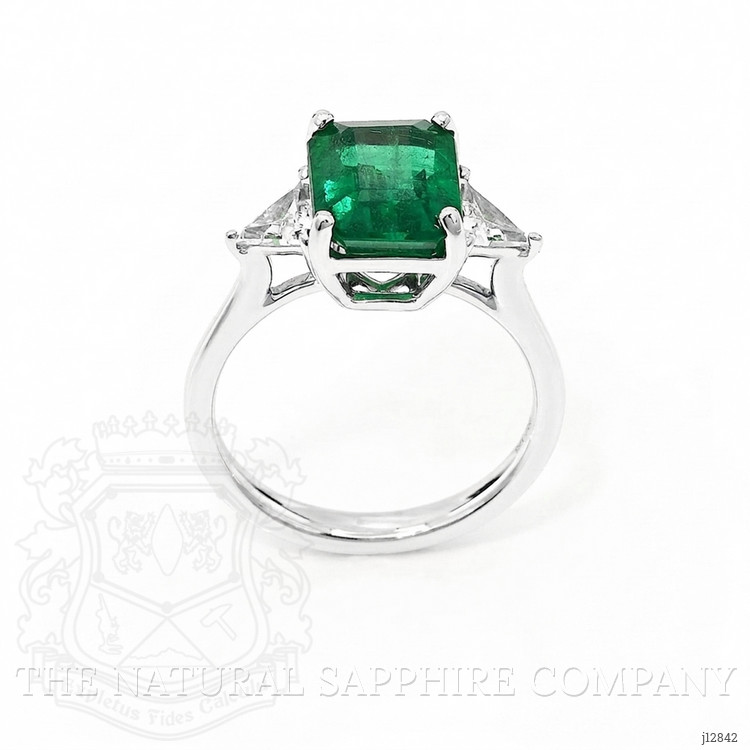 3.17 Ct. Emerald and Natural Diamond Three Stone Ring, 18K White Gold