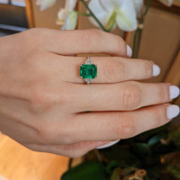 3.17 Ct. Emerald and Natural Diamond Three Stone Ring, 18K White Gold Life Style