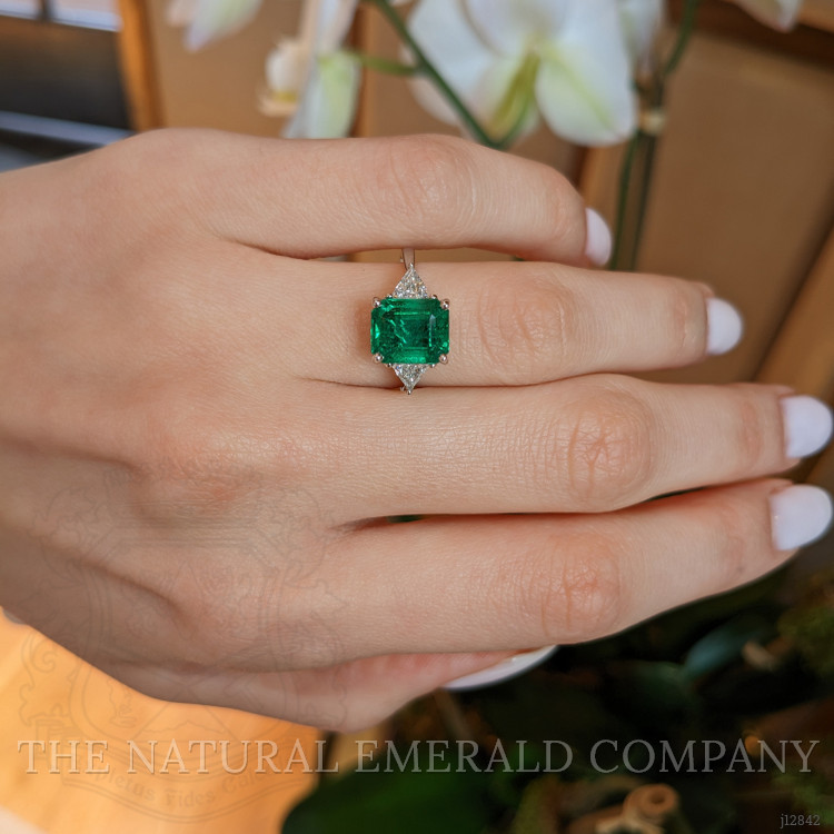 3.17 Ct. Emerald and Natural Diamond Three Stone Ring, 18K White Gold