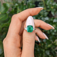3.17 Ct. Emerald and Natural Diamond Three Stone Ring, 18K White Gold Life Style