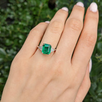 3.17 Ct. Emerald and Natural Diamond Three Stone Ring, 18K White Gold Life Style