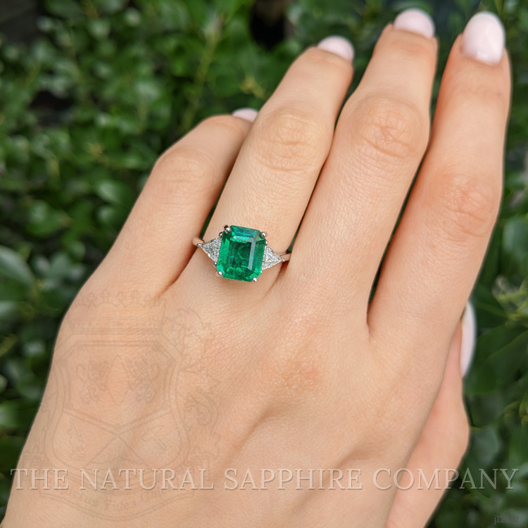 3.17 Ct. Emerald and Natural Diamond Three Stone Ring, 18K White Gold