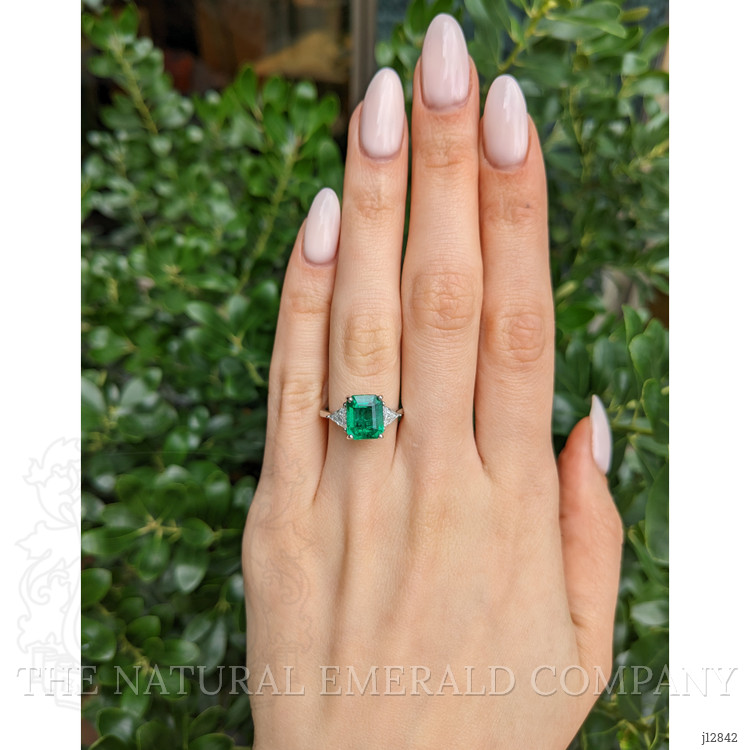3.17 Ct. Emerald and Natural Diamond Three Stone Ring, 18K White Gold