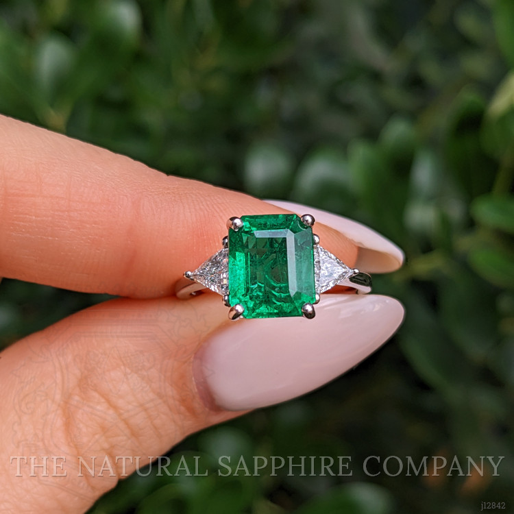 3.17 Ct. Emerald and Natural Diamond Three Stone Ring, 18K White Gold
