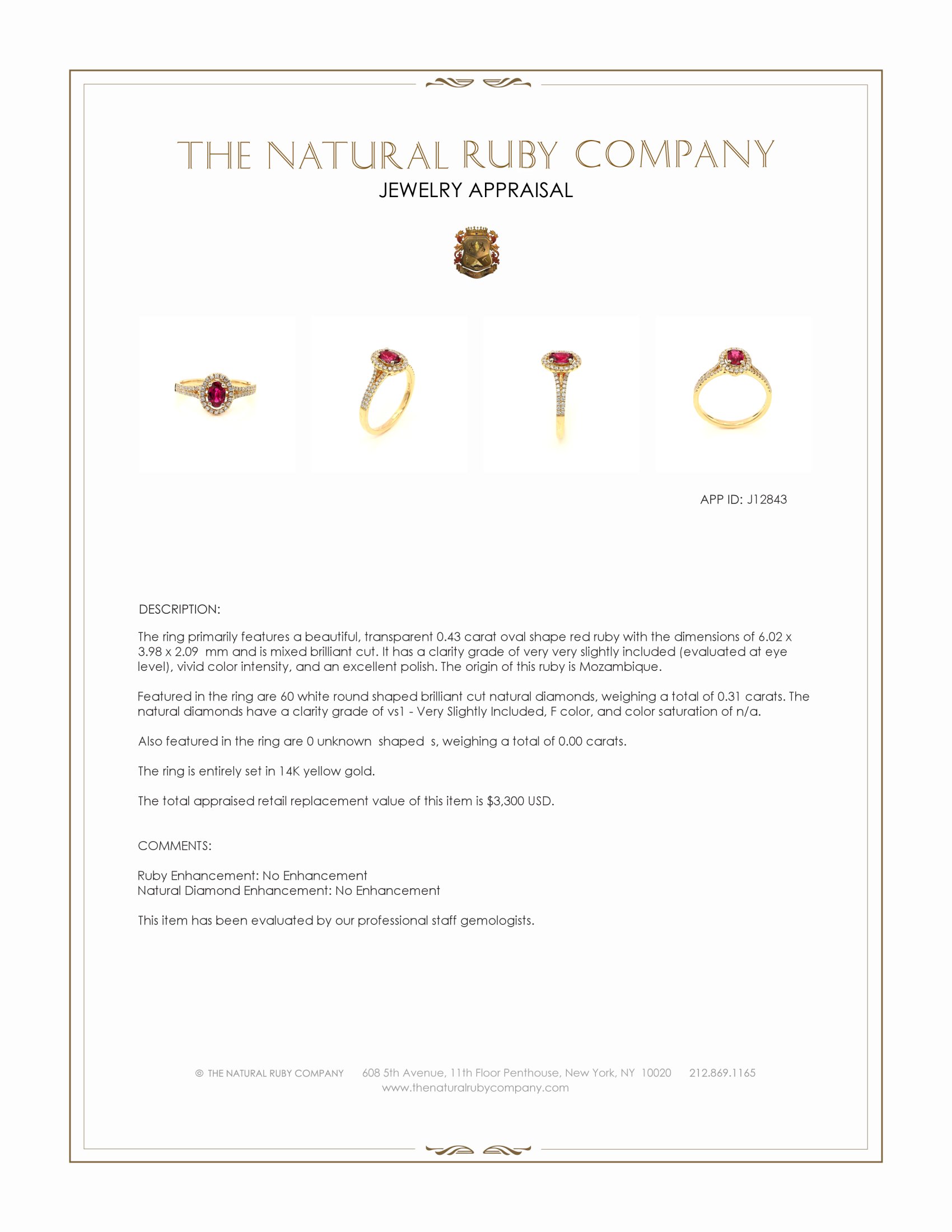 0.43 Ct. Ruby and Natural Diamond Halo Ring, 14K Yellow Gold
