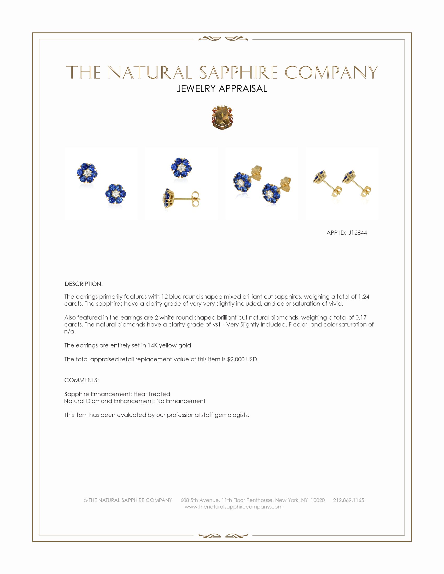 1.24 Ct.Tw. Blue Sapphire and Natural Diamond Studs Earrings, 14K Yellow Gold