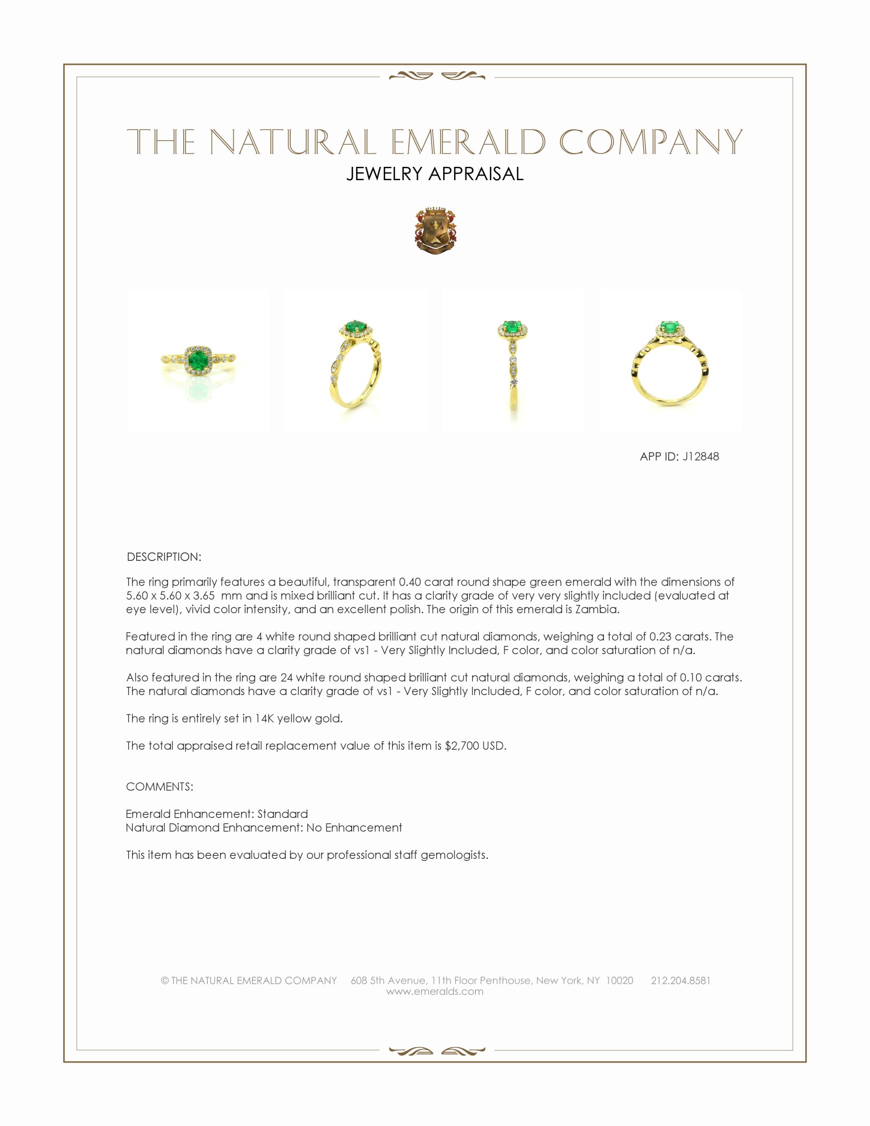 0.40 Ct. Emerald and Natural Diamond Pave Ring, 14K Yellow Gold