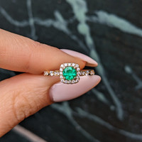 0.40 Ct. Emerald and Natural Diamond Pave Ring, 14K Yellow Gold Life Style