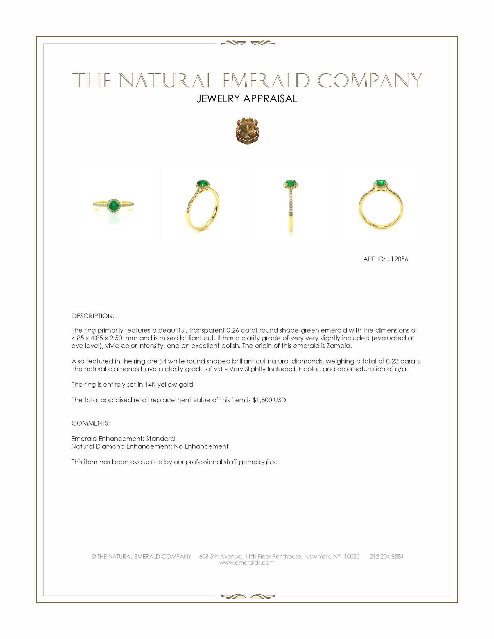 0.26 Ct. Emerald and Natural Diamond Pave Ring, 14K Yellow Gold