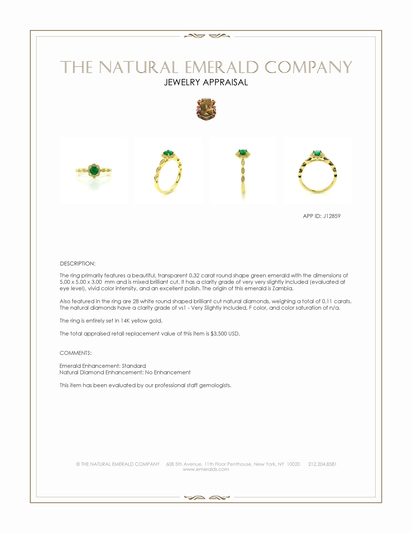 0.32 Ct. Emerald and Natural Diamond Pave Ring, 14K Yellow Gold