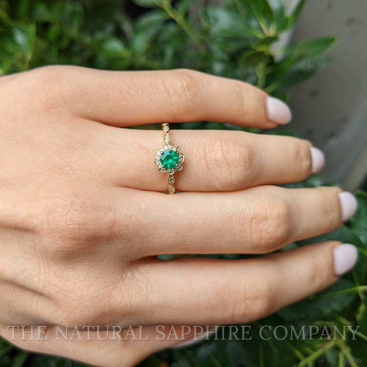 0.32 Ct. Emerald and Natural Diamond Pave Ring, 14K Yellow Gold